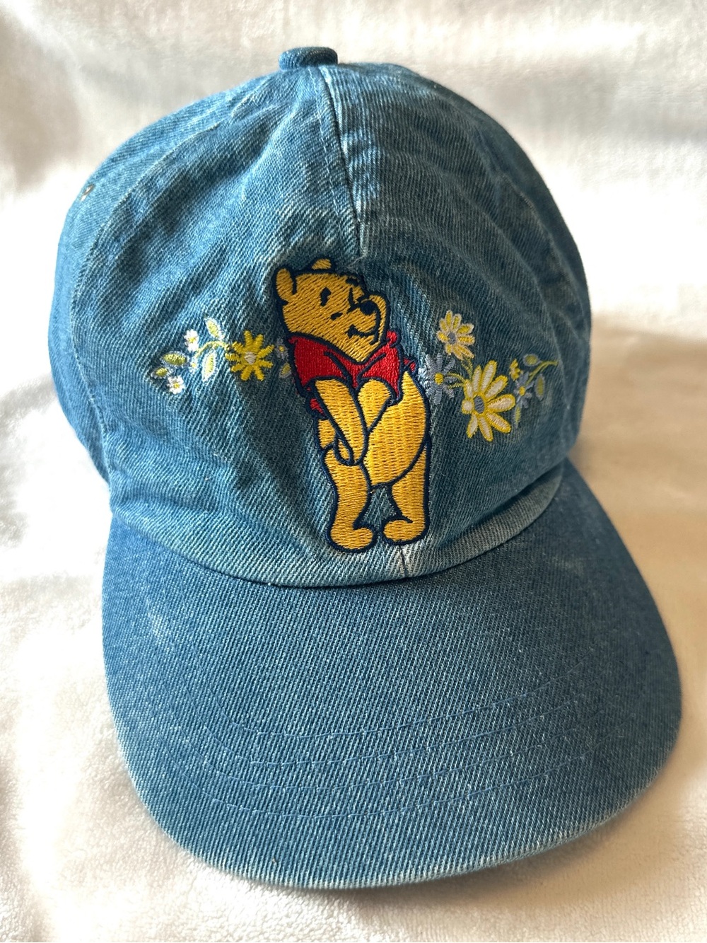 Vintage Disney Winnie the Pooh Blue Denim Cap with Yellow Embroidery Flowers - Picture 2 of 6